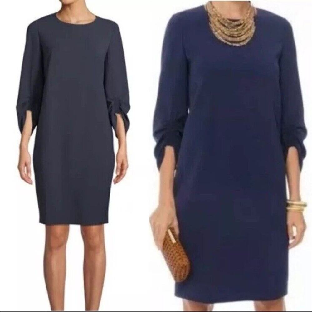 Lafayette 148 Tory Shift Dress gathered sleeves minimalist navy Blue Sz 18